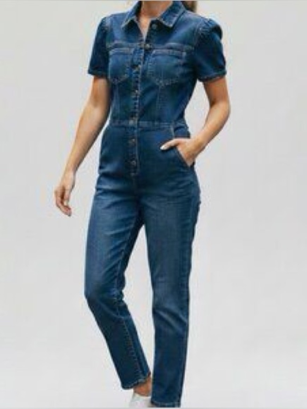 Celebrity Pink Puff Sleeve One-piece Dark Stretch Denim Boiler-suit Size Medium